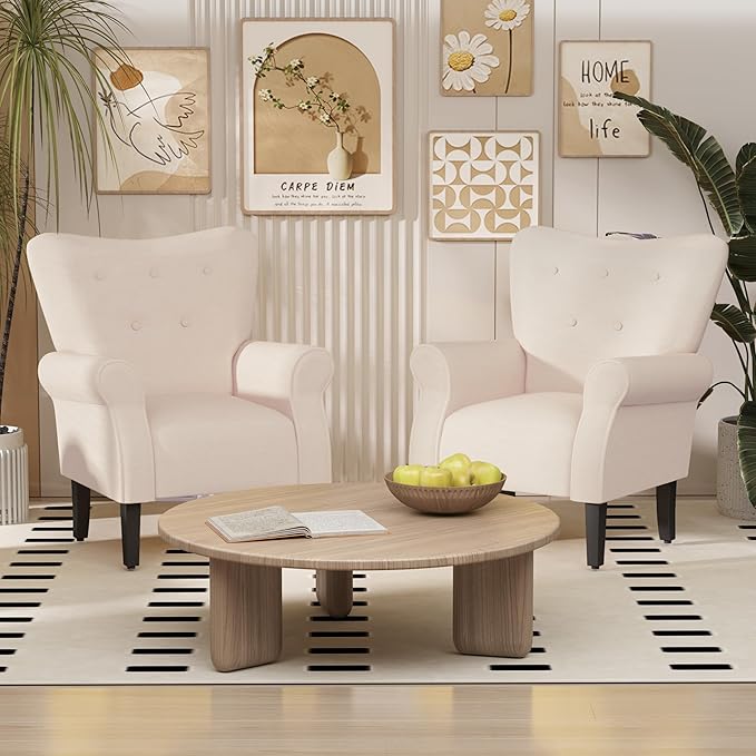 MELLCOM Mid Century Wingback Arm ChairModern Upholstered Fabric High Back Accent Chair with Wood LegsUpholstered Single Sofa Club Chair for Living Room Bedroom Home Office Beige
