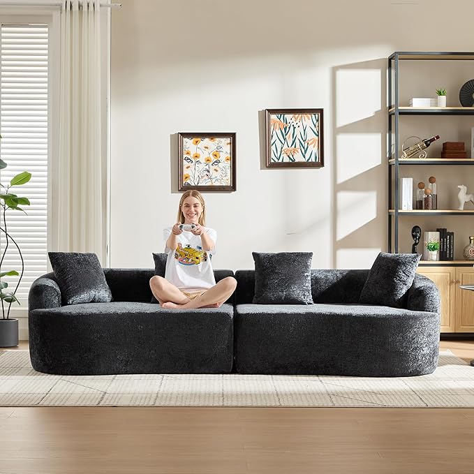 Curved Sectional Couch 110 Chenille Cloud Sofa with 4 Pillows 4-Seater Sleeper Sofa for Living Room Apartment Full Compression Sponge (Black 110 Inch)