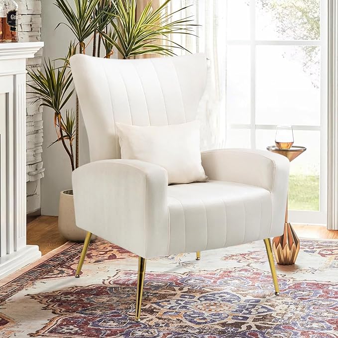 Velvet Accent Chairs Set of 2 Modern Living Room Chair with Gold Legs &amp Pillow Bedroom Side Chair with High Wingback White