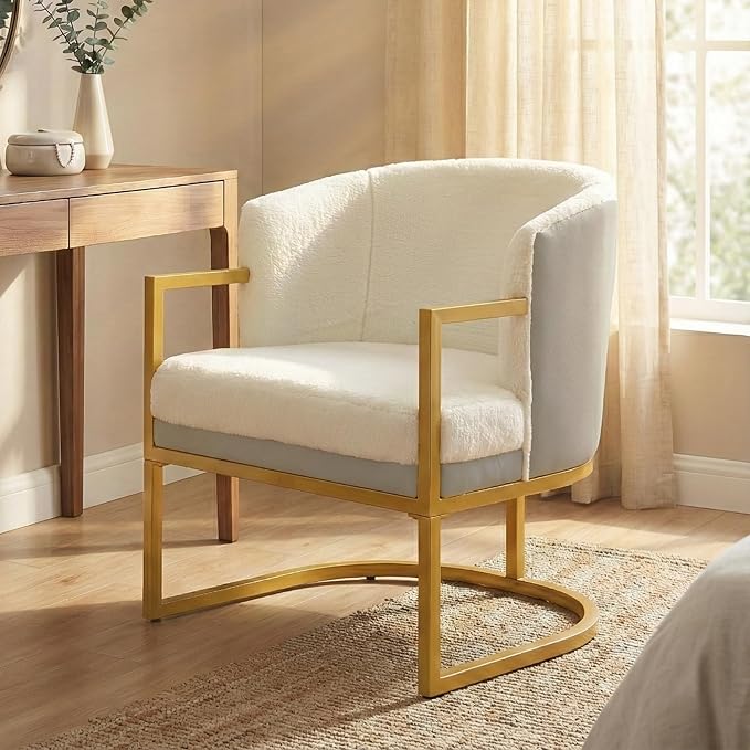 Modern Accent Chair with Gold Metal Frame Cozy Armchair Upholstered Reading Chair with Ergonomic Curved Backrest for Living Room Office (Beige-36)