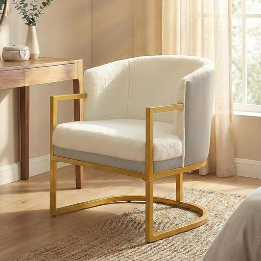 Modern Accent Chair with Gold Metal Frame Cozy Armchair Upholstered Reading Chair with Ergonomic Curved Backrest for Living Room Office (Beige-36)