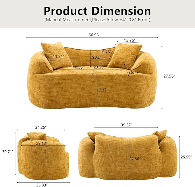 67 Curved Loveseat Sofa with 2 Pillows Modern Boneless Couch in a Box Small Cloud Loveseat for Bedroom Small Space Apartment Living Room Memory Foam Chenille No Assembly (Yellow)
