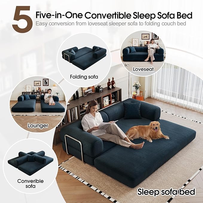78.8'' Convertible Sofa Bed Boneless Couch in a Box Modular Corduroy Comfy Foldable Sleeper Compression Sofa Loveseat Couches for Living Room (Blue 78.8 inch)