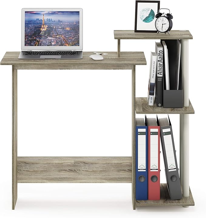 Furinno EFFICIENT Desk 28.6 Wide Gaming Desk with 3 Open Side Shelves Laptop Notebook Computer Desk Office Desk for Home Office Study Room Dorm Bedroom Sonoma Oak