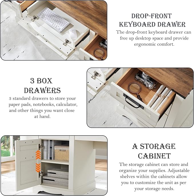 RedLemon 60 Farmhouse Executive Desk with Drawers Wood Home Office Desk w/Charging Station Keyboard Tray File Drawer Storage Cabinet Rustic Computer Writing Desk (Antique White)