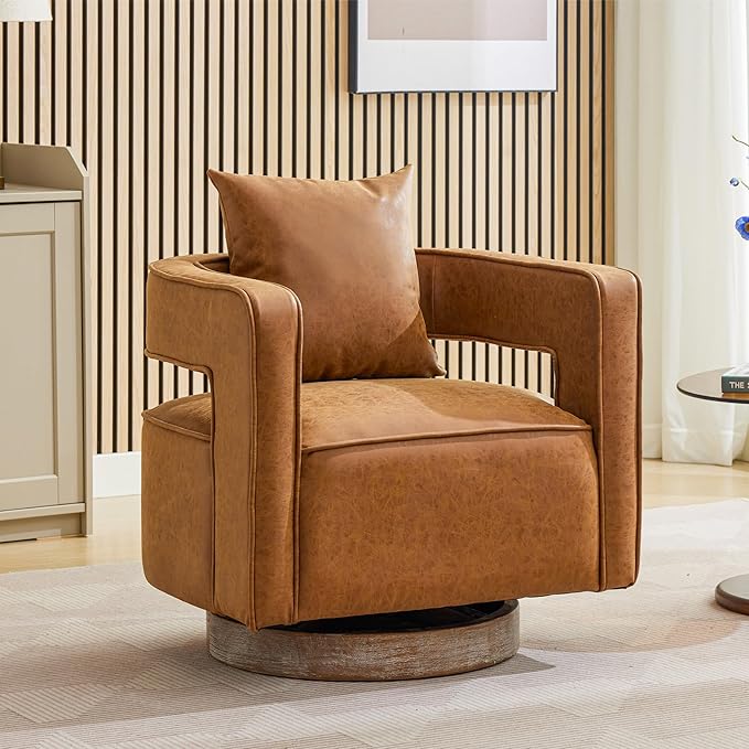Chifee &amp Vingol 29.1 PU Leather Swivel Accent Chair Mid Century Retro Barrel Chair with Solid Wood BaseBrown
