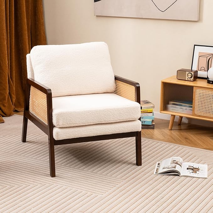 Giantex Mid Century Modern Accent Chair Set of 2 Boho Boucle Living Room Arm Chair w/Rattan Arms Wooden Frame Thick Cushion Pillow Sherpa Reading Side Chair for Bedroom Balcony Brown + Beige