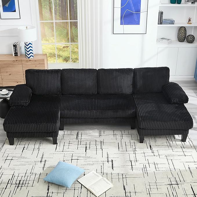 114.2W U-Shaped Sectional Sofa for Living Room Corduroy U-Shaped Couch with Double Chaises 4-Seater Comfy Cloud Sofa for Home Furniture Office &amp Small Space (Black)