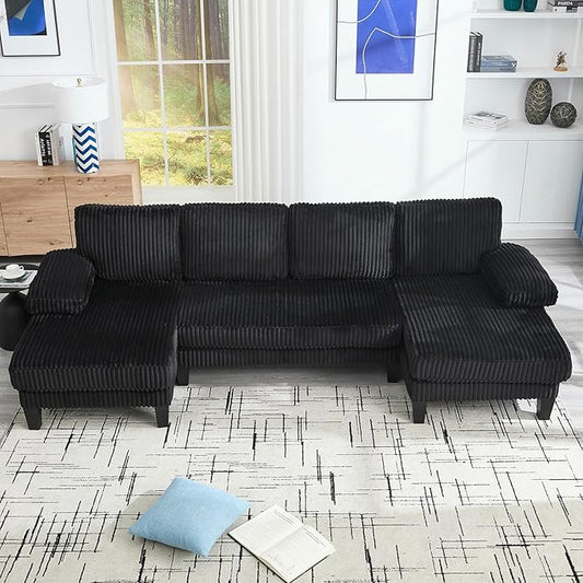 114.2W U-Shaped Sectional Sofa for Living Room Corduroy U-Shaped Couch with Double Chaises 4-Seater Comfy Cloud Sofa for Home Furniture Office &amp Small Space (Black)