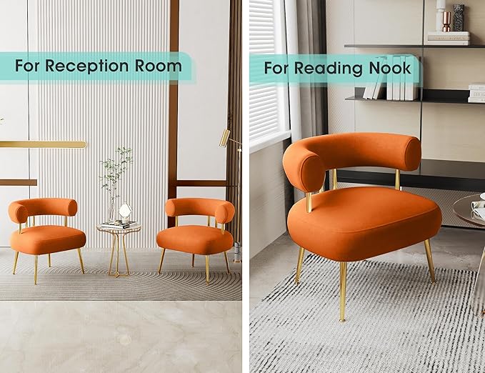 Modern Velvet Accent Chair Round Upholstered Barrel Armchair for Small Spaces Fluffy Side Corner Sofa Chair for Living Room Bedroom Vanity Office Reading Nook(Orange)