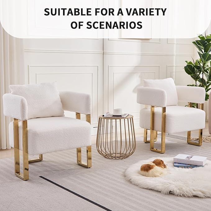 YISHENG Modern Barrel Accent Chairs Set of 2 Living Room Side Chairs with Golden Metal Legs Soft Upholstered Reading Armchairs no Wheels for Vanity/Reception Room//Bedroom/Lounge/Office White Teddy