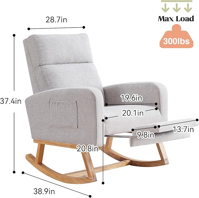 Rocking Chair Nursery with Foot Rest Nursing Rocking Chairs for Mom Breastfeeding Rocker Glider Chair with High Backrest for Living Room Bedroom Light Grey