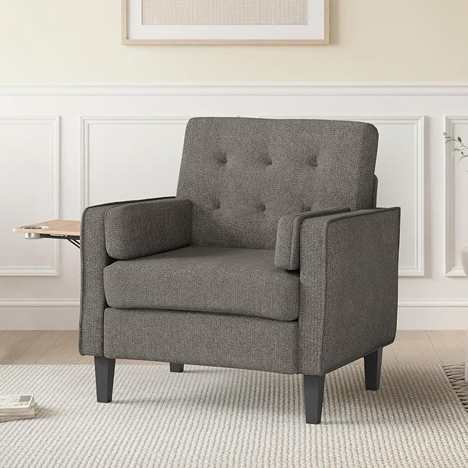 Chenille Accent Chair Mid Century Modern Arm Chair with Foldable Wooden Side Table &amp Cup Holder - Comfy Reading Chair for BedroomLiving Room ChairsSingle Sofa ChairDark Grey