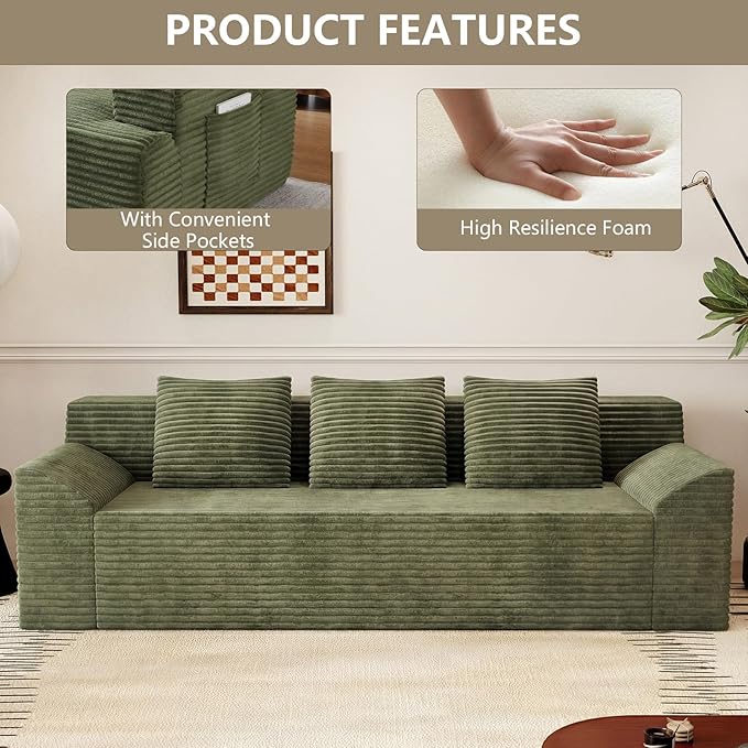 71 Love Seat Couches Corduroy Boneless Loveseat with Deep Seats 2 Seat Couch Apartment Size Couch with 3 Pillows&ampSide Pockets for Bedroom Office No Assembly Required Green