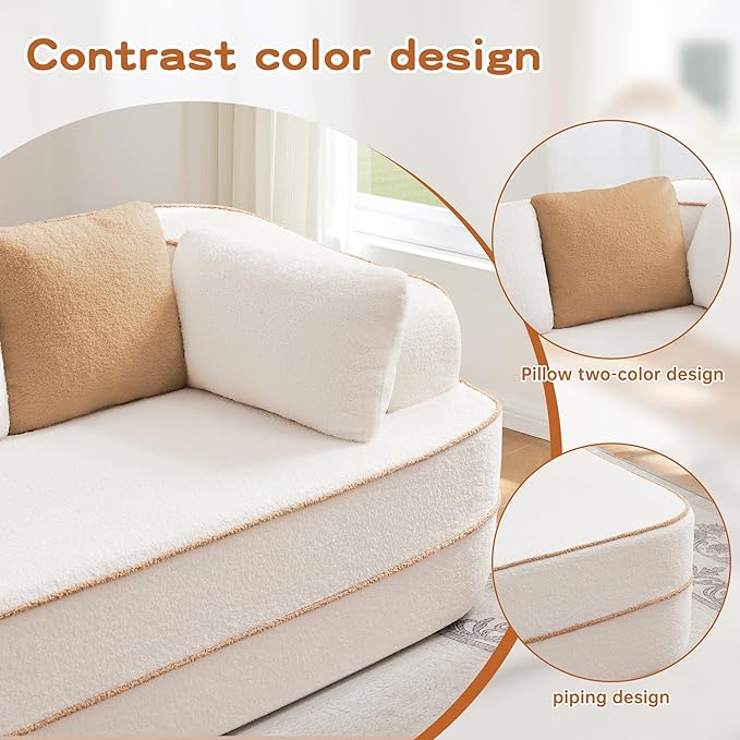 105.9 L-Shaped Boneless Sofa Left Chaise Plush Teddy Fabric 3-Seater Sectional Couches with 32D High-Resilience Foam Wide Arms for Living Room ApartmentWhite