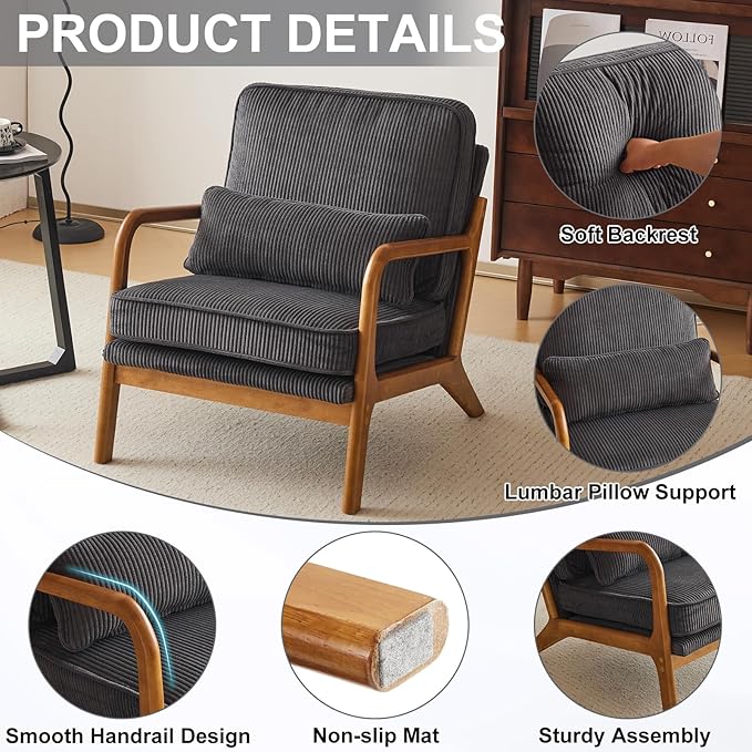 Karl home Mid-Century Modern Accent Chair Living Room Chairs with Pillow Corduroy Upholstered Lounge Armchair with Solid Wood Frame &amp Soft Cushion for Bedroom Reading Room Dark Gray