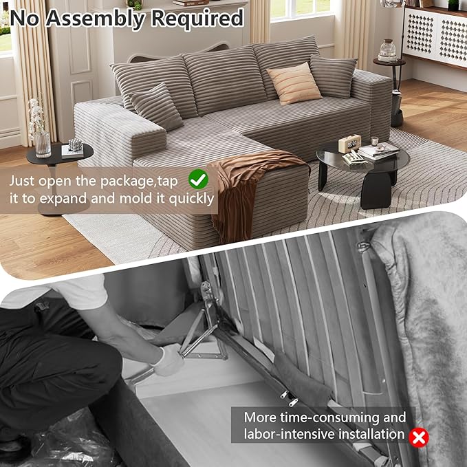 95 Cloud Sectional Couch with L-Shape Chaise Modern Corduroy Boneless Deep Seat Sofa 3-Seater Modular Sleeper Couch for Living Room Bedroom Apartment No Assembly (Camel Left-Facing Chaise)