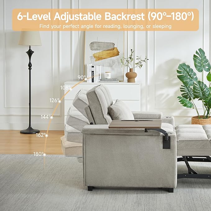 Large Size Convertible Sleeper Chair Futon Sofa Bed Comfortable Thick Cushion Single Sleeper Sofa Handheld Storage and Adjustable Backrest | Reading Chair with Rotating Small Table (Khaki)