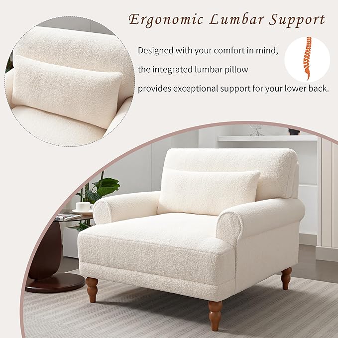 Christopher Knight Home Accent Chair Boucle Club Chair Upholstered Lounge Chair Large Size Armchair Roman Column Legs Cozy Reading Single Sofa Chair for Living Room Bedroom Home Study White