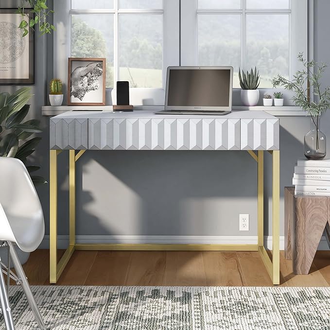 24/7 Shop at Home Bellevue Modern Metal 1 Drawer Writing Desk with USB Port Power Outlet for Workstation Home Office Study Room Antique White and Gold