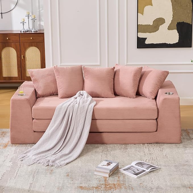 82'' Convertible Sofa Bed 2-in-1 Boneless Sleeper Sofa with Cup Holder &amp Pocket Corduroy Loveseat Sleeper Couch with 5 Pillows Pull Out Couch for Living Room Bedroom No Assembly (Pink)