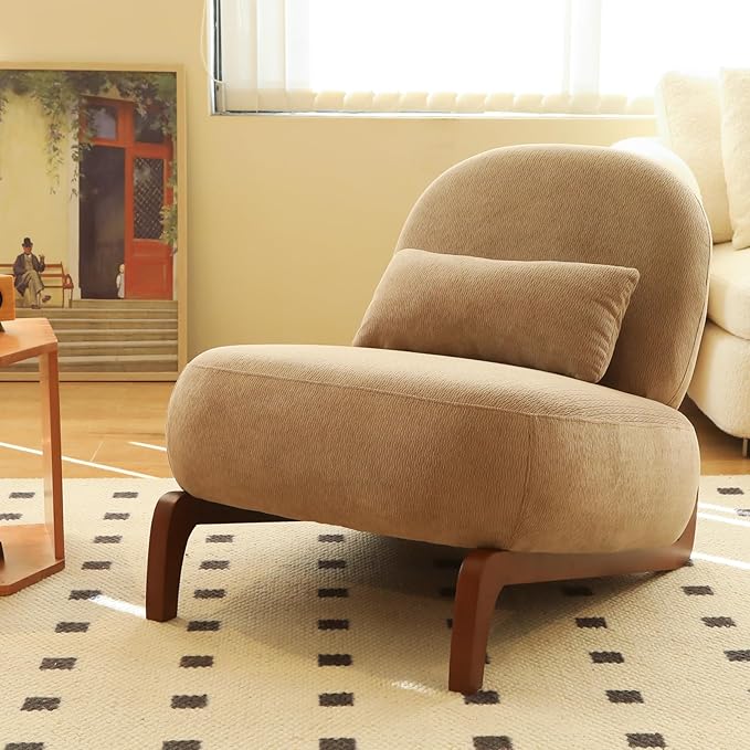 HAZO Cute Accent Chair with Solid Wood Legs Velvet Living Room Chair with Soft Cushion Cozy Bedroom Chair Comfy Armless Reading Chair for Apartment Waiting Room Balcony (Camel)