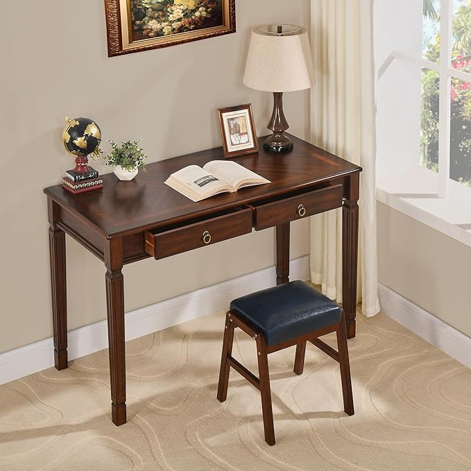 Solid Wood Writing Desk Home Office Desks with 2 Storage Drawers 46.1 Mid-Century Modern Walnut Tables Secretary Desk for Home Office Easy Assembly Vanity Desk Study Table Station BSZD1258