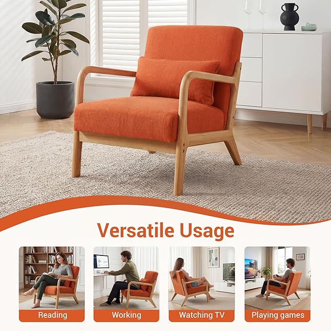 Mid Century Accent Chair Comfy Arm Chair with Solid Wood Frame Upholstered Modern Chair for Living Room Bedroom Waiting Room Orange