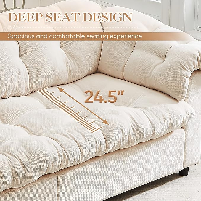 Modern Sofa Couch 94.8W Chenille Tufted Fluffy Comfy Cloud Couch with Tutfted Design &amp Armrest Pillows Upholstered Oversized Loveseat Sofa for Living Room Bedroom Office Apartment Beige