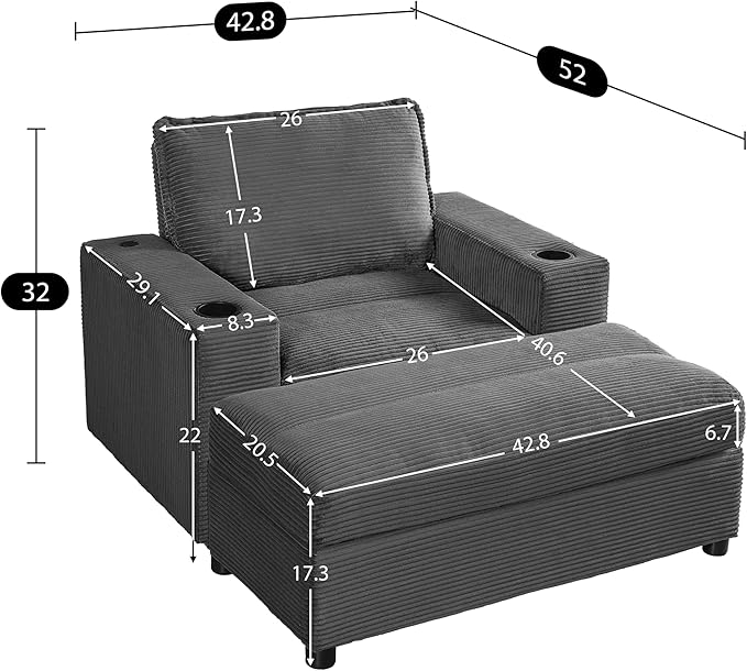 42.8 Oversized Chaise Lounge Chair with Storage Ottoman Corduroy Sofa Bed with Cup Holders &amp USB Charging Port Upholstered Sleeper Chair for Living Room BedroomGrey
