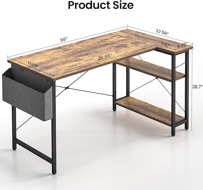 CubiCubi L Shaped Desk 55 Computer Table with Reversible Storage Shelves Home Office Corner Study Writing Gaming Rustic Brown