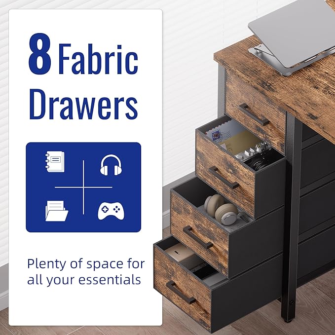 Pamray 47 Inch Computer Desk with 8 Fabric Drawers PC Gaming Desk Home Office Study Work Writing Table for Bedroom Vintage