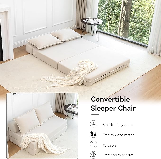 47.6'' Folding Sofa Bed 4 in 1 Convertible Sleeper Chair with 2 Pillows Corduroy Boneless Sofa Bed High-Density Foam Floor Lazy Pull Out Loveseat Couch for Living Room Lounge Beige