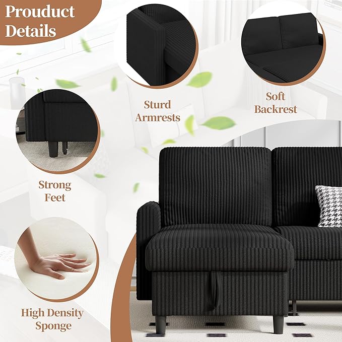 Walsunny Sectional Sofa Couch L Shaped Sleeper Sofa Bed Pull Out Bed with Storage Reversible Sectional Couches for Living Room Apartment Office(Black)