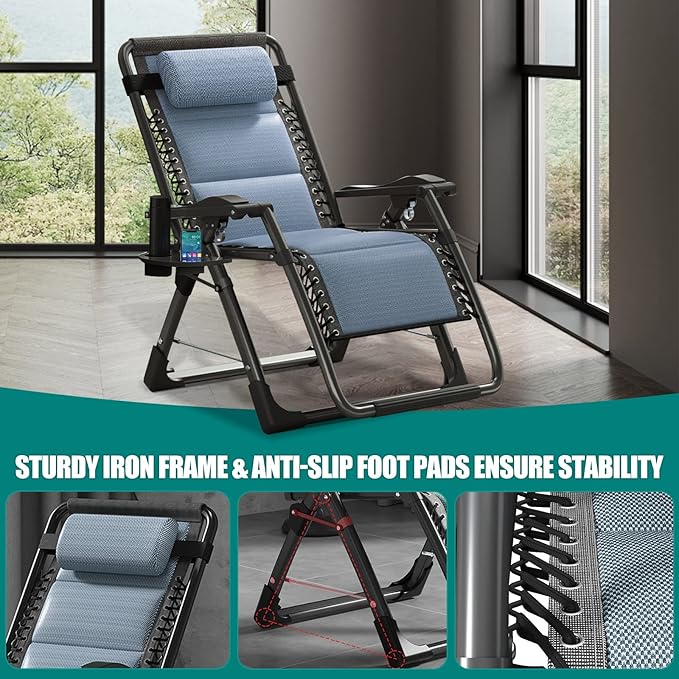 DoCred Comfy Folding Recliner Chair for Bedroom Living Room &amp Patio - Ice Touch Lounge Chair with Removable Tray for Indoor Outdoor