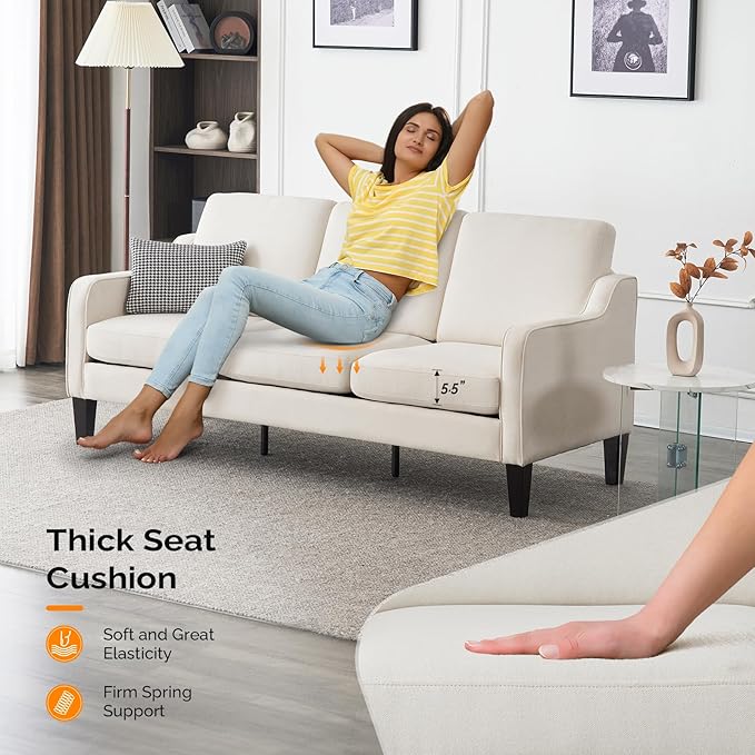 VINGLI Small Couch Sofa 71 Comfy Couches for Living Room Beige 3 Seat Sofa Couch Mid Century Modern Sofa Furniture Couches with Scooped Arms for Small Spaces Bedroom Apartment Studio