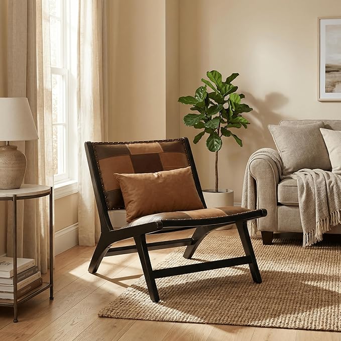 Mid-Century Modern Accent Chair Low-Profile Lounge Chair with Solid Wood Frame Faux Leather Upholstered Patchwork Design for Living Room Bedroom &amp Reading Corner(Antique Brown)