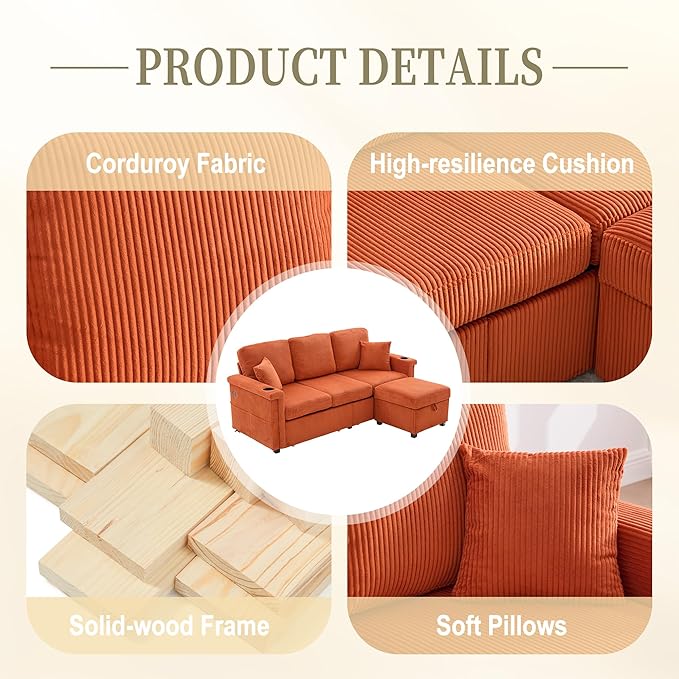 L Shaped Sectional Sofa with Storage &amp Movable Ottoman 76 Corduroy 3 Seater Sectional Couch with USB Charging Cup Holder &amp LED Light Couches for Living Room Orange