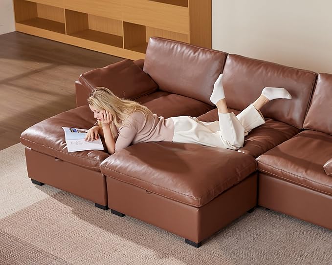 WEUP 120 Oversized Cloud Modular Sectional Sofa for Living Room 3 Seat U Shaped Cloud Couch with Storage Ottoman Premium Faux Leather Sofa Down-Filled Wide Deep Seat Tool Free Assembly Brown