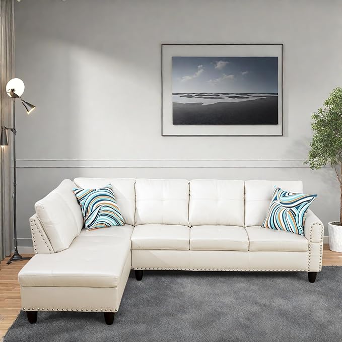 FONTOI Leather Sectional Couch Sofa 4-Seat L-Shaped Sectional Sofa with Cup Holders &amp Nail-Head Trim – Modern PU Leather Living Room Couch for Apartment Bedroom White