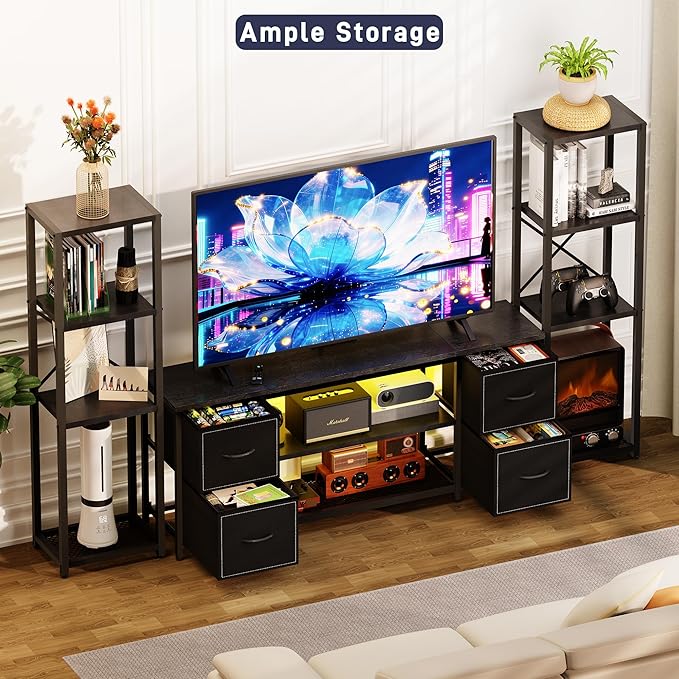 LED TV Stand 60 Inch for Living Room with Charging Station Farmhouse Entertainment Center with 2 Industrial Bookshelves Modern Console Cabinet with Storage Drawers (Black)