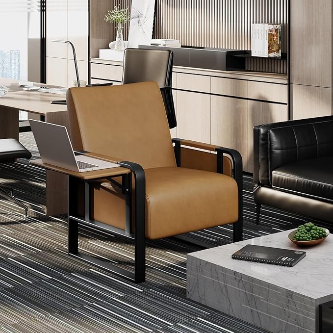 Andeworld Modern Accent Chair Mid Century Living Room Armchair Upholstered PU Sofa Side Chair with Side Table for ReadingWorkingOfficeApartmentBrown
