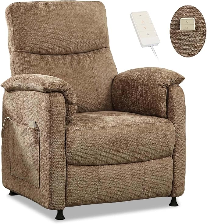 Small Electric Nursery Recliner Chairs for AdultsGrey Power Recliner Chairs with Remote &amp Side Pockets Fabric Reclining Chair for Living Room Bedroom Ofiice Comfort &amp Space-Saving (Brown)