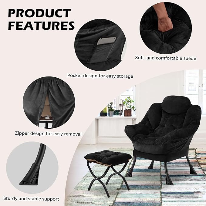 Lazy Chair with Folding OttomanLeisure Sofa ChairSoft Fabric Armchair with Armrests and Side Pockets Reading Chair with Footrest for Living Room Bedroom Office (Plush Black)