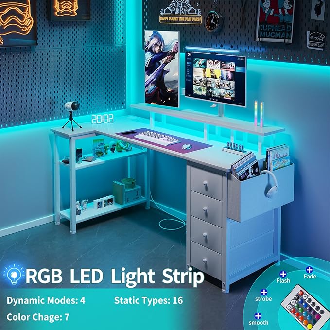 Lufeiya White L Shaped Computer Desk with Fabric Drawers 55 Inch Corner Home Office Desk with Monitor Stand Shelves Writing Study Gaming Desks with Led Lights and Power Outlets for Bedroom White