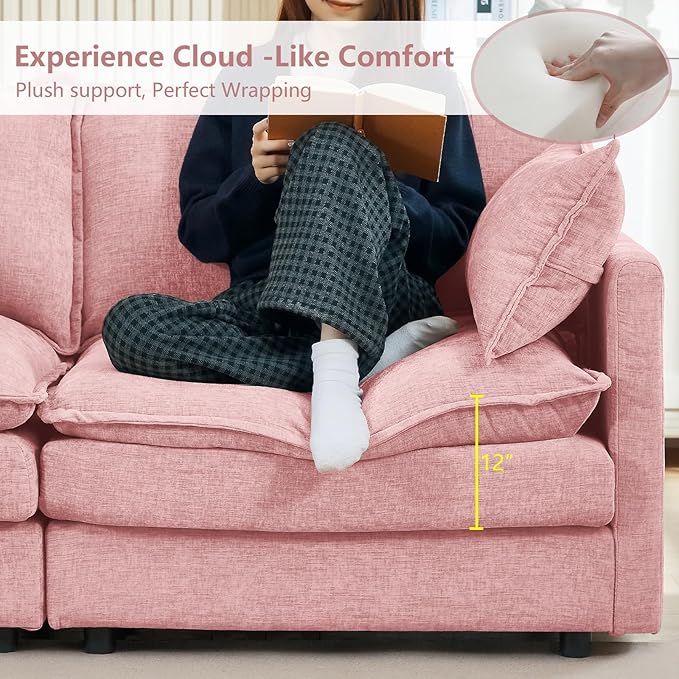 GNIXUU 102 Modular Sectional Sofa L Shaped Cloud Couch with Movable Ottoman &amp 4 Pillows Deep Seat Chenille 4 Seater Sectional Couches for Living Room Apartment (Pink)