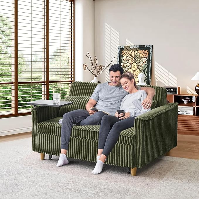 54'' Corduroy 3-in-1 Convertible Sofa Bed Pull Out Sleeper Loveseat Couch with USB Ports &amp Storage Pockets Futon Couches for Small Space Living Room Apartment (Green New)