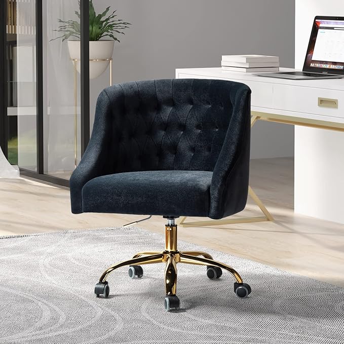 Velvet Home Office Chair with Gold Base Comfortable Modern Cute Desk Chair Adjustable Swivel Task Chair for Living Room Bedroom Vanity Study Black