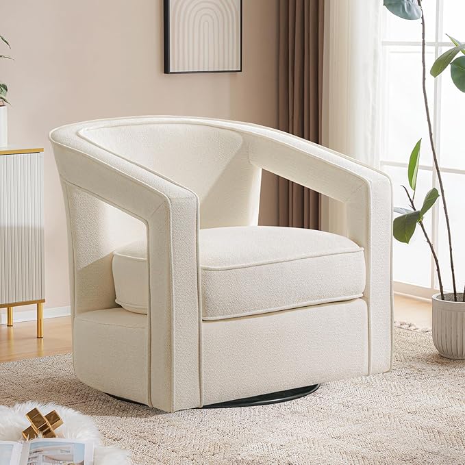 Furniliving Chenille Swivel Accent Chair for Living Room Upholstered Barrel Chair with Curved Back Comfortable Reading Chair for Bedroom Balcany Home Office White