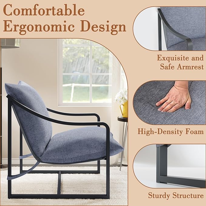 Garvee Modern Accent Chair with Metal Frame &amp Armrest Upholstered Reading Chair with Soft Foam Cushion Sling Lounge Chair for Living Room Bedroom Office Apartment Cozy Armchair Gray